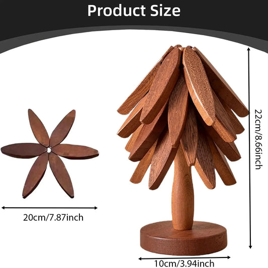 Tree-Shaped Wooden Heat Insulating Pad Set, 4 Walnut Pads + 1 Stand, Foldable Design, High-Temperature Kitchen Mat, Ideal for Hot Dishes, Pots, Bowls, Teapots, Wooden Trivet Set