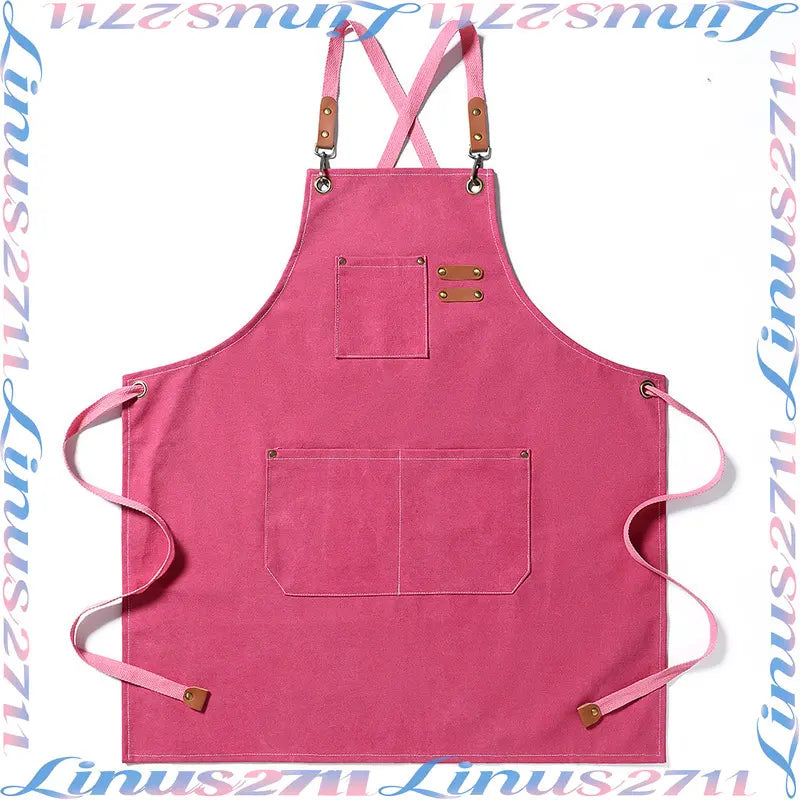 Cotton Canvas Cross Back Work Apron Leather Adjustable Strap Multi Pocket Oil Resistant Kitchen Coffee Shop Gardening Artist Unisex Custom Logo Blank Apron