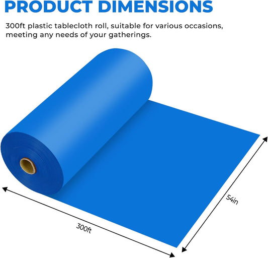 54 Inch X 300 Feet Plastic Table Cover Roll Premium Disposable Plastic Tablecloth for All Type/Shape Tables | Picnic, Party, Banquet, Birthdays, Weddings (Blue, 54 Inch X 300 Feet)