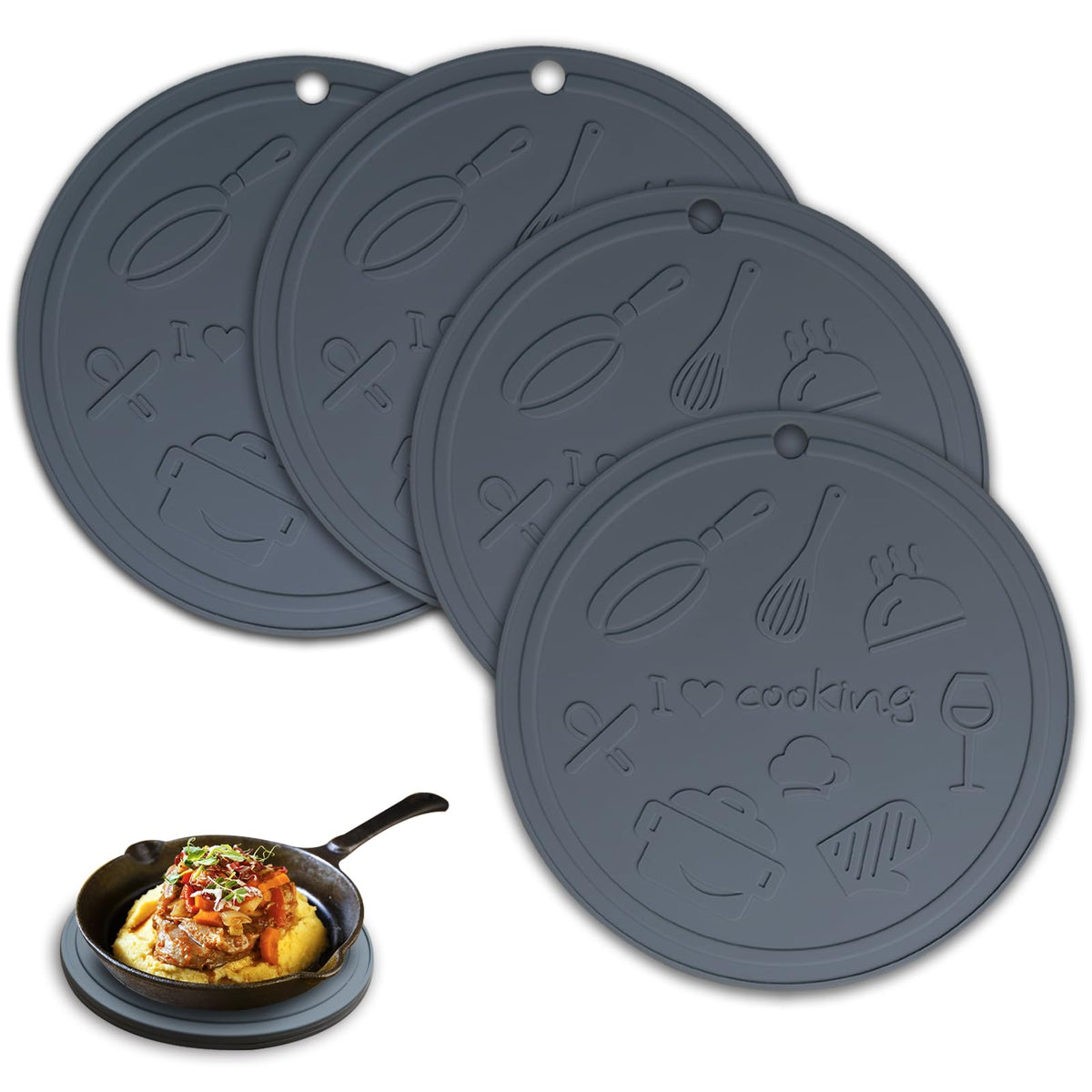 Silicone Trivet Mats - 3 Heat Resistant Pot Holders, Non-Slip Hot Pads for Kitchen, Food Grade Silicone, BPA Free, Easy to Wash (Black Gray)