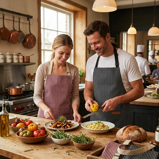 Women & Men's 2-Piece Sets Work Apron, Abrasive-Resistant Breathable Striped Pocketed Polyester Chef Apron Set, Adjustable Strap Kitchen Accessories for Home Use