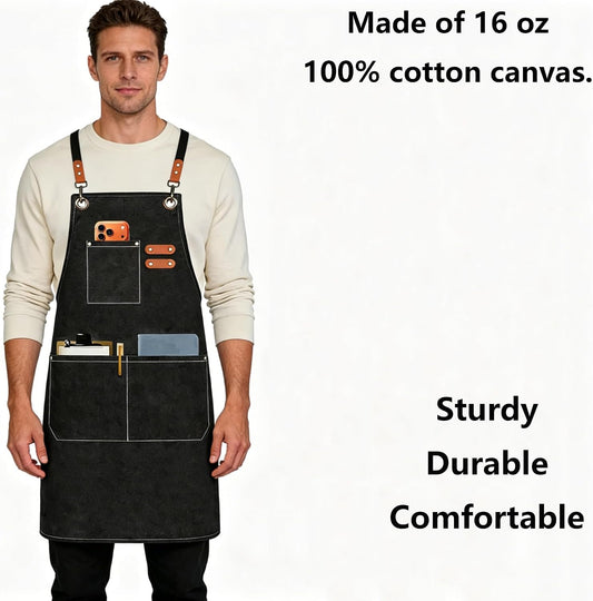 AFUN Chef Aprons for Men Women with Oversized Pockets, 16-Ounce Cotton Canvas Cross Back Heavy Duty Work Apron (Black)