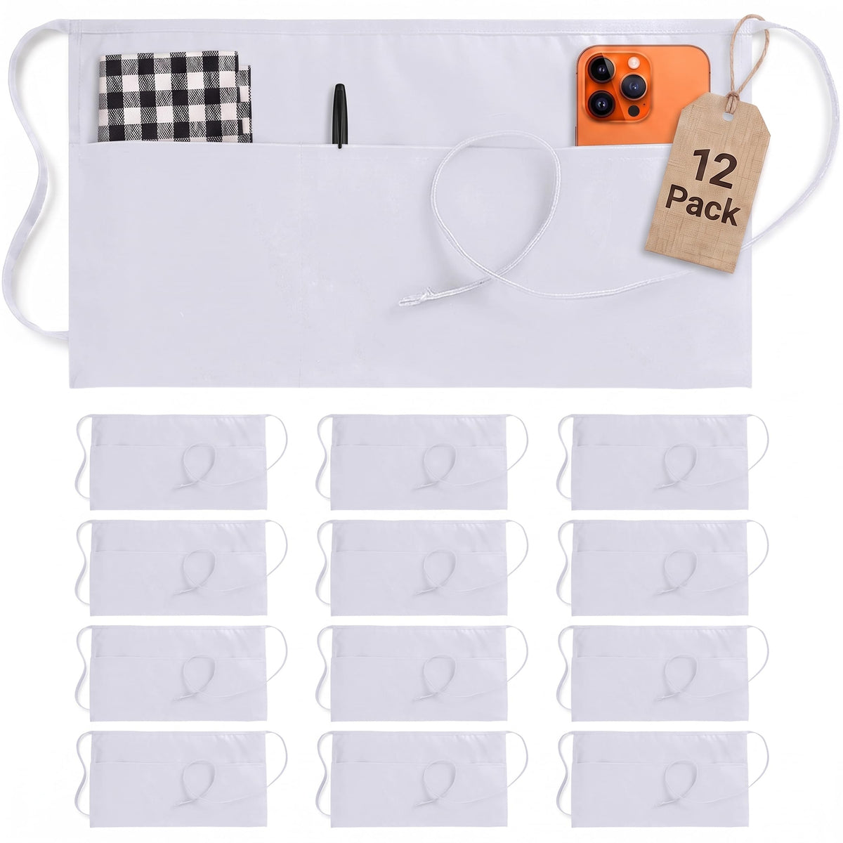 Utopia Wear Server Waist Aprons 12 Pack with 3 Pockets 100% Polyester