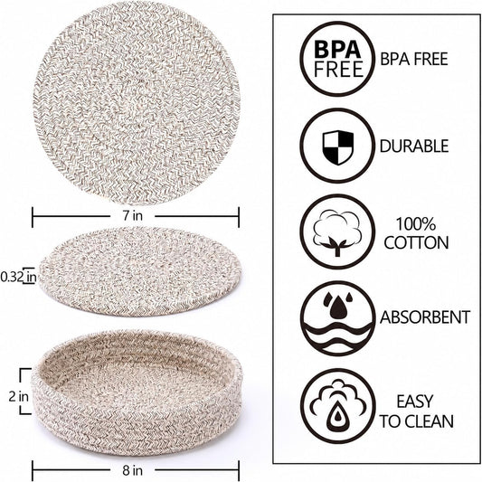 Coga Trivets for Hot Dishes, 4 Pack 7 Inch Cotton Hot Pads for Kitchen with Storage Basket, Round Pot Holders for Kitchen, Heat Resistant Mats for Countertop, Pots and Pans, Farmhouse Decor, Brown