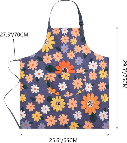 2 Pack Floral Apron for Women with Pockets, Adjustable Cotton Chef Aprons for Kitchen, Cooking, BBQ & Grill