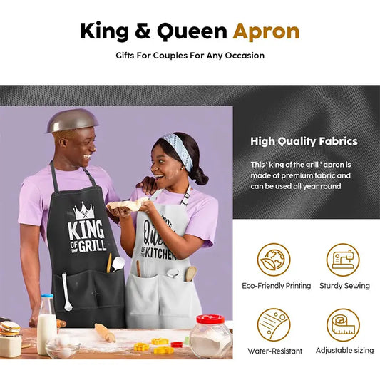 2Pcs King & Queen Couple Apron Set, Printed Kitchen Cooking Aprons, Adjustable Neck Strap Aprons with Pockets, Oil-Proof Workwear for Home, Restaurant & Grilling