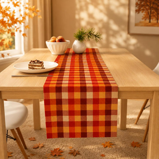Fall Decorations for Home - Orange Brown Plaid Table Runner for Fall Decor