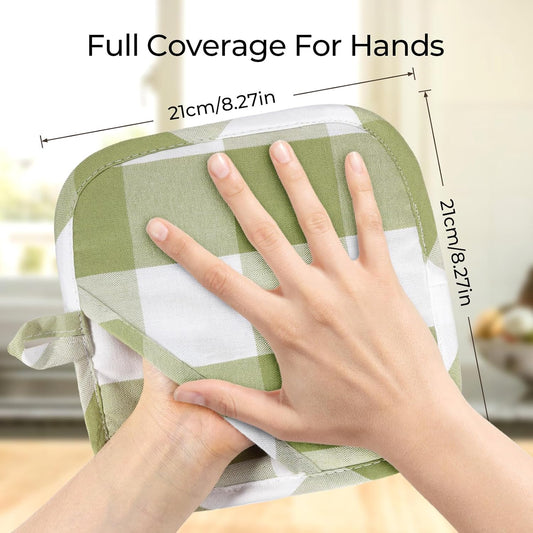Cotton Pot Holders for Kitchen Heat Resistant Potholder Hot Pads Trivet Coaster Non-Slip Potholders Set for Cooking and Baking (2, Green Plaid, Square,8.27 in²)