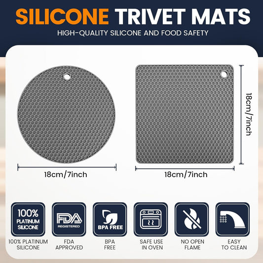 Silicone Trivet Mats 4 Heat Resistant Pot Holders Multipurpose Non-Slip Hot Pads for Kitchen Potholders, Drying mat, Jar Opener, Spoon Holder, Coaster(Dark Grey)