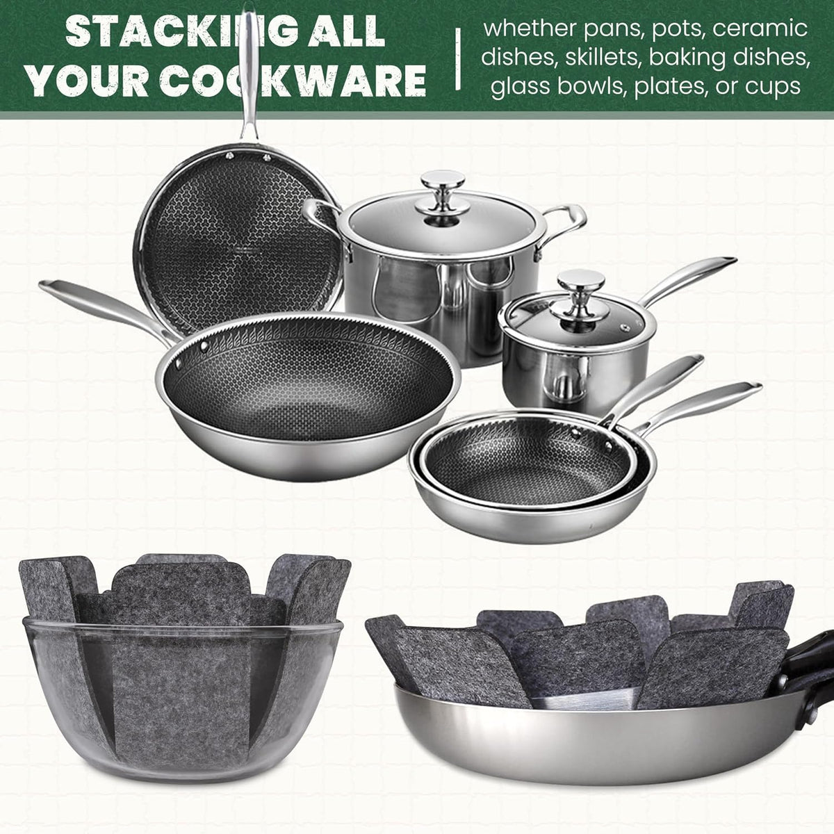 Pot and Pan Protectors, Set of 12 and 4 Different Sizes