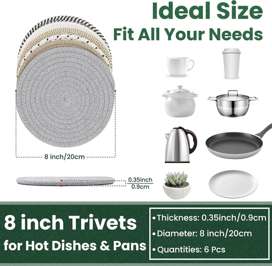8 Inch Trivets for Hot Dishes, Hot Pots and Pans, 6 Pcs