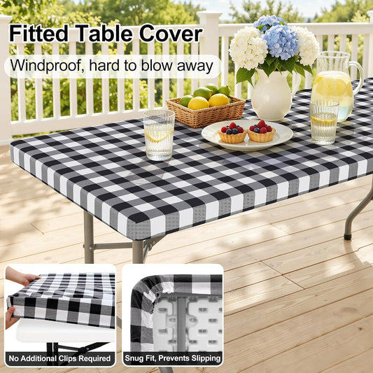 Smiry 6 Foot Picnic Table Cloth, Flannel Backed Fitted Vinyl tablecloths
