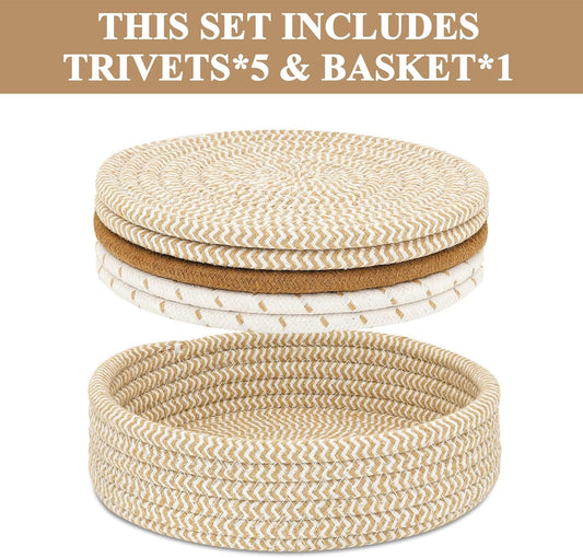 Trivets for Hot Dishes, Pots and Pans, Hot Pads with Storage Basket, Pot Holders for Kitchen, Heat Resistant Mat Protect Counter Home Essentials, Farmhouse Decor (Mix Brown 5 PCS)
