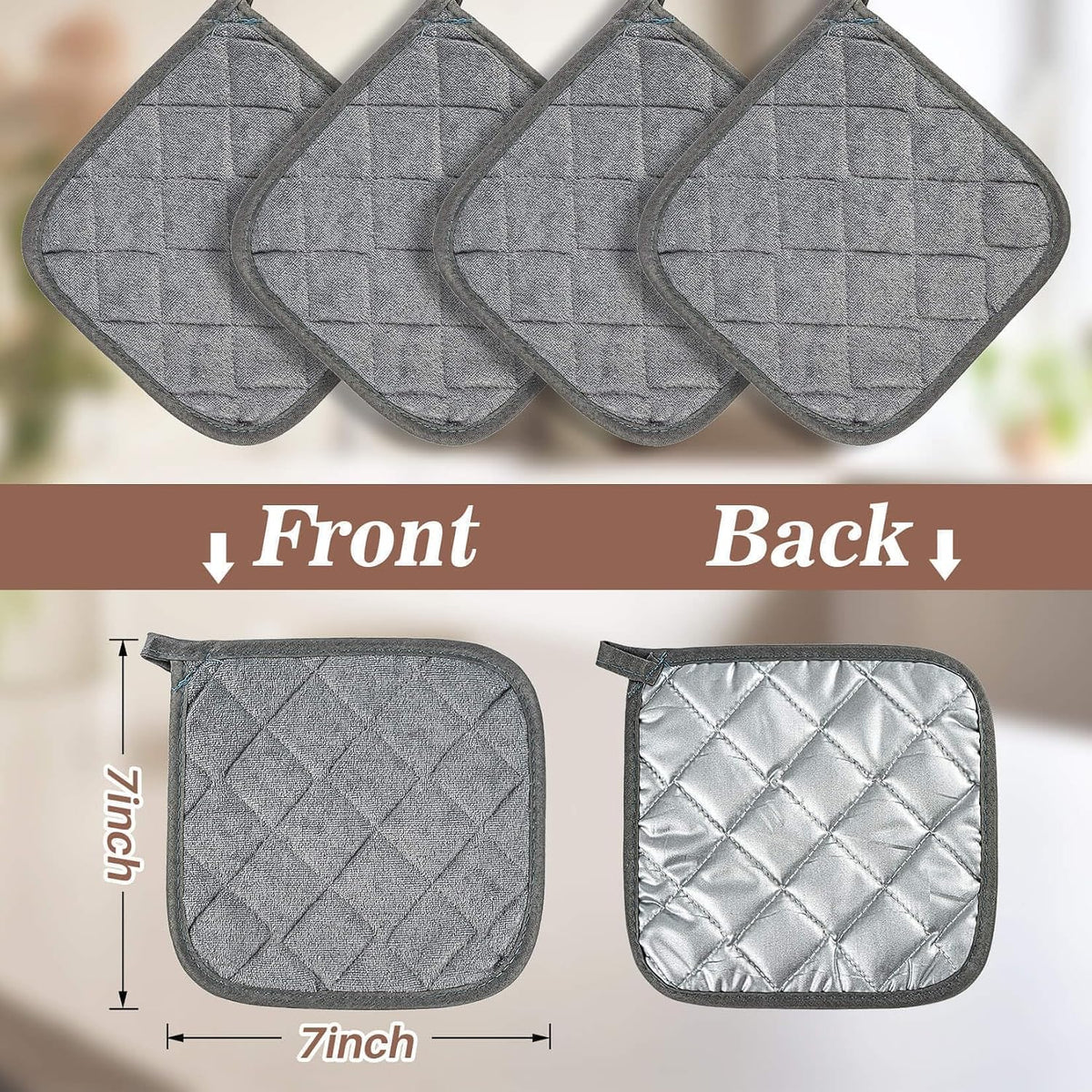 MAQIHAN 4 PCS Pot Holders for Kitchen - Cotton Hot Pads for Kitchen Gray