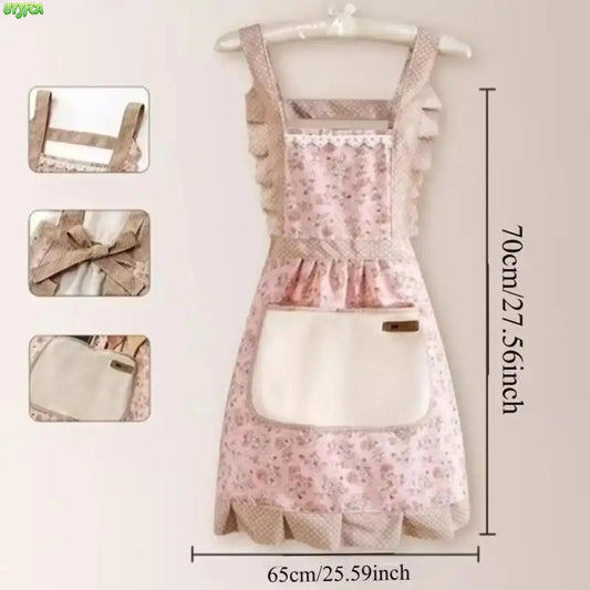 2 Pack Cottagecore Floral Ruffle Princess Apron With Towel Lined Pocket, Lace Trim H-Strap Vintage Dress Style Kitchen Apron, Water Resistant Lightweight Cooking Baking Accessory For Women Cafe  Kitchen Restaurant,Summervibes