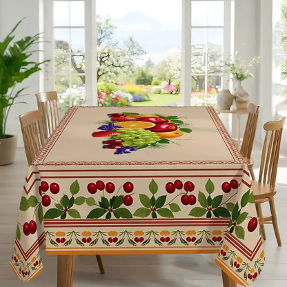 2D Flat Party Tablecloth 1pc, Polyester Material, Fruit Pattern, Bright Square Tablecloth, Cherry Border, Fall Dining Tablecloth