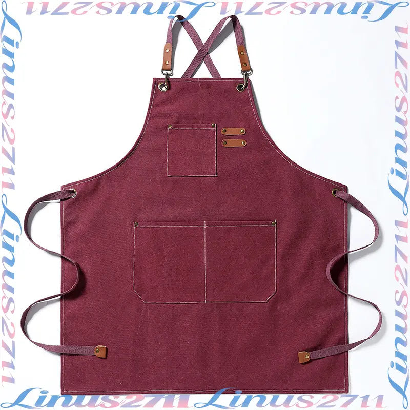 Cotton Canvas Cross Back Work Apron Leather Adjustable Strap Multi Pocket Oil Resistant Kitchen Coffee Shop Gardening Artist Unisex Custom Logo Blank Apron