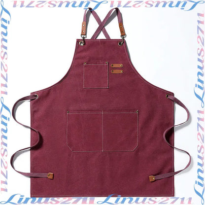 Cotton Canvas Cross Back Work Apron Leather Adjustable Strap Multi Pocket Oil Resistant Kitchen Coffee Shop Gardening Artist Unisex Custom Logo Blank Apron