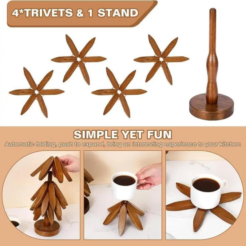 Tree-Shaped Wooden Heat Insulating Pad Set, 4 Walnut Pads + 1 Stand, Foldable Design, High-Temperature Kitchen Mat, Ideal for Hot Dishes, Pots, Bowls, Teapots, Wooden Trivet Set