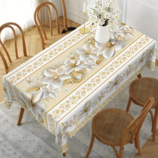 Floral tablecloth, elegant floral diamond gold design, perfect for spring and summer decoration, floral gift, ideal for indoor/outdoor/party/wedding and home decoration, floral decoration, gold round/rectangular tablecloth