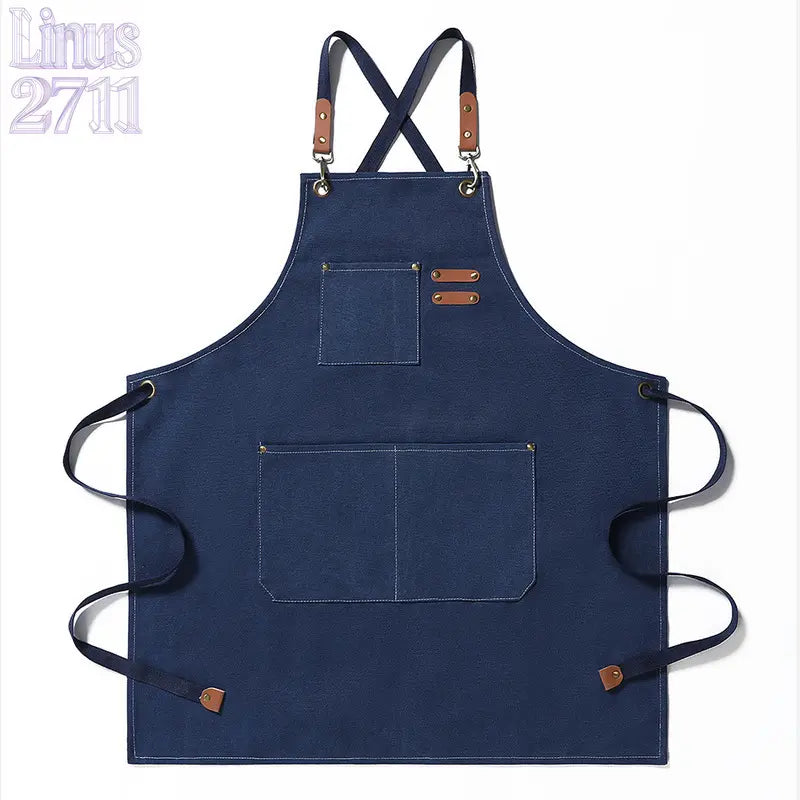 Cotton Canvas Cross Back Work Apron Leather Adjustable Strap Multi Pocket Oil Resistant Kitchen Coffee Shop Gardening Artist Unisex Custom Logo Blank Apron