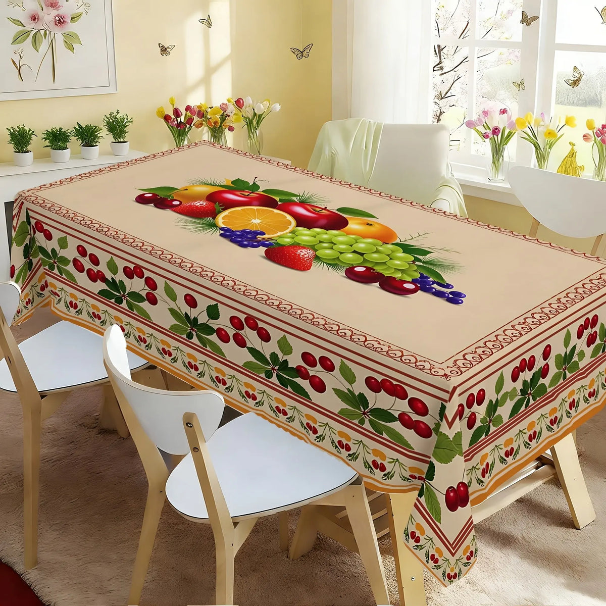 2D Flat Party Tablecloth 1pc, Polyester Material, Fruit Pattern, Bright Square Tablecloth, Cherry Border, Fall Dining Tablecloth