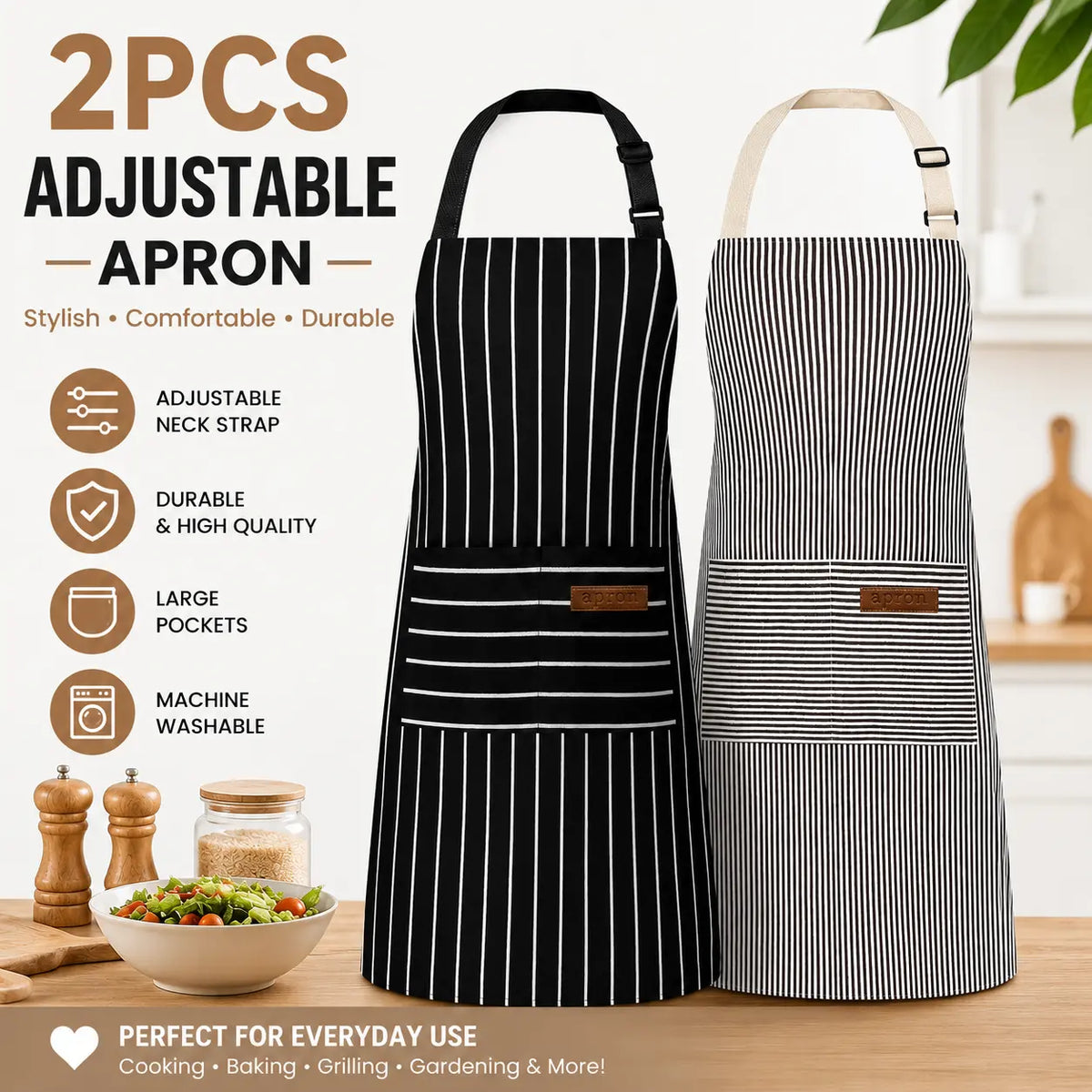 Women & Men's 2-Piece Sets Work Apron, Abrasive-Resistant Breathable Striped Pocketed Polyester Chef Apron Set, Adjustable Strap Kitchen Accessories for Home Use