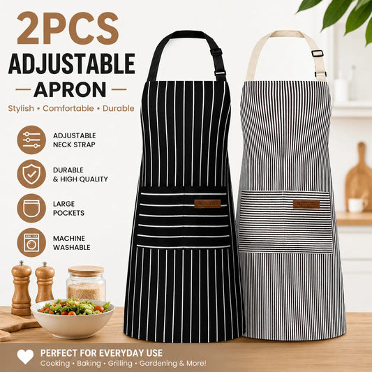Women & Men's 2-Piece Sets Work Apron, Abrasive-Resistant Breathable Striped Pocketed Polyester Chef Apron Set, Adjustable Strap Kitchen Accessories for Home Use