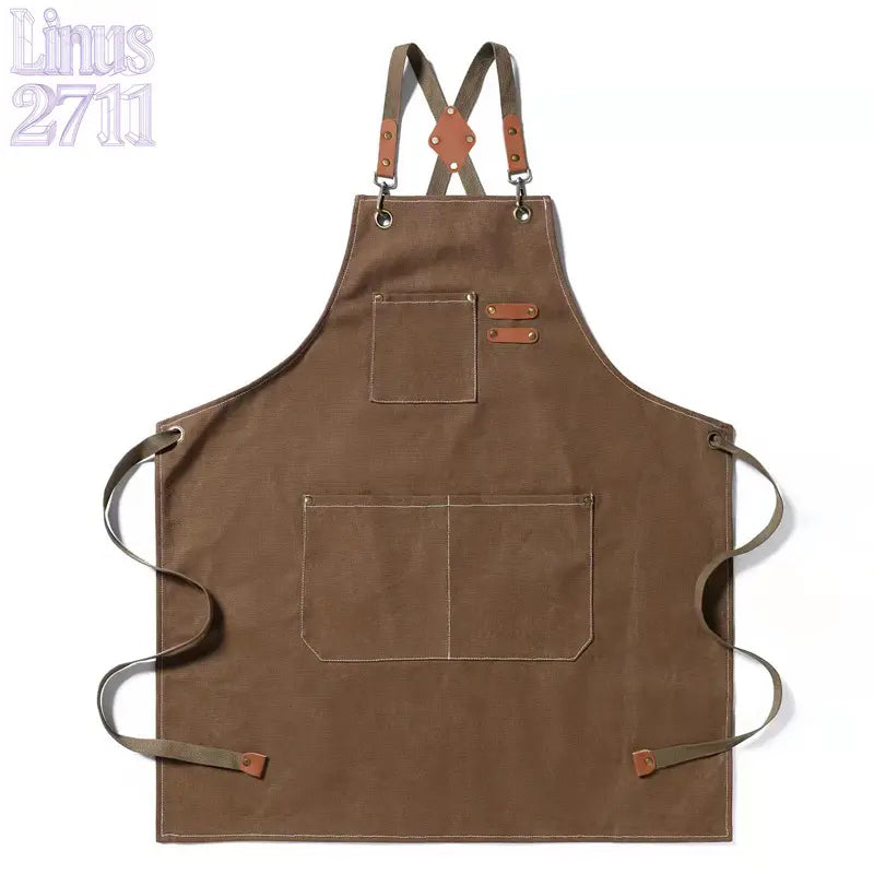 Cotton Canvas Cross Back Work Apron Leather Adjustable Strap Multi Pocket Oil Resistant Kitchen Coffee Shop Gardening Artist Unisex Custom Logo Blank Apron
