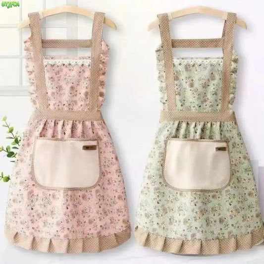 2 Pack Cottagecore Floral Ruffle Princess Apron With Towel Lined Pocket, Lace Trim H-Strap Vintage Dress Style Kitchen Apron, Water Resistant Lightweight Cooking Baking Accessory For Women Cafe  Kitchen Restaurant,Summervibes