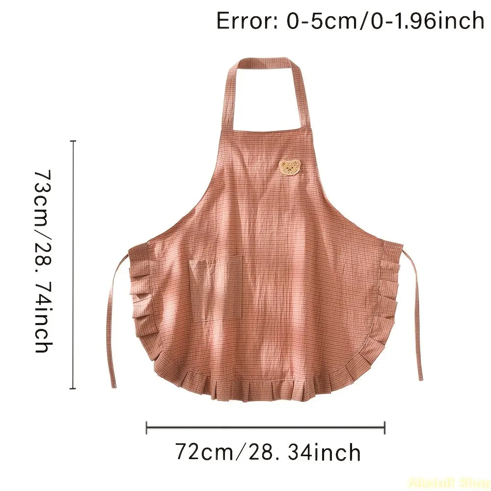 [Ruffled Checkered Halter Neck Apron] 1pc New Style Bear Pocket Sleeveless Waist Apron, Fashionable Workwear for Cafe Service Staff, Ideal for Kitchen Chores, Baking (Sports & Outdoor Use Compatible)