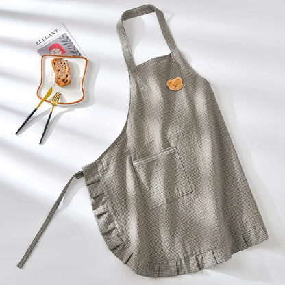 [Ruffled Checkered Halter Neck Apron] 1pc New Style Bear Pocket Sleeveless Waist Apron, Fashionable Workwear for Cafe Service Staff, Ideal for Kitchen Chores, Baking (Sports & Outdoor Use Compatible)