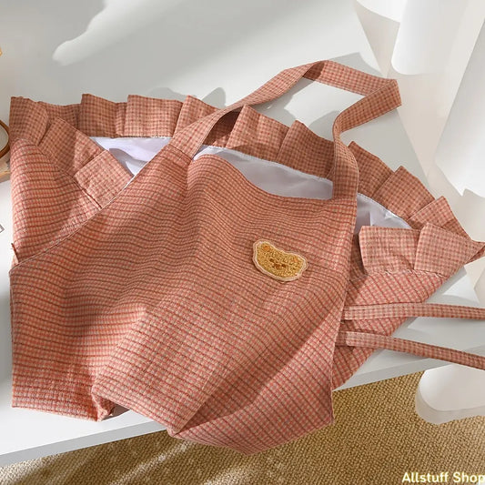 [Ruffled Checkered Halter Neck Apron] 1pc New Style Bear Pocket Sleeveless Waist Apron, Fashionable Workwear for Cafe Service Staff, Ideal for Kitchen Chores, Baking (Sports & Outdoor Use Compatible)