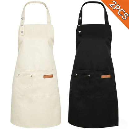 Women's 2-Pack All Purpose Casual-Style Cloth Aprons Set, Waterproof Polyester Easy-Care Kitchen Aprons with Practical Pockets, Adjustable Neck, 75cm Length, 65cm Base Width,sohochic