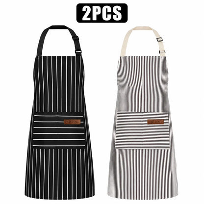 Women & Men's 2-Piece Sets Work Apron, Abrasive-Resistant Breathable Striped Pocketed Polyester Chef Apron Set, Adjustable Strap Kitchen Accessories for Home Use