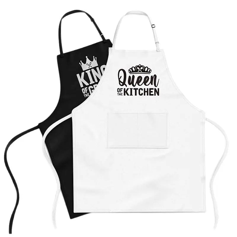 2Pcs King & Queen Couple Apron Set, Printed Kitchen Cooking Aprons, Adjustable Neck Strap Aprons with Pockets, Oil-Proof Workwear for Home, Restaurant & Grilling