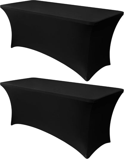 Obstal 6ft Stretch Black Spandex Table Cloth 2 Pack for Folding Tables