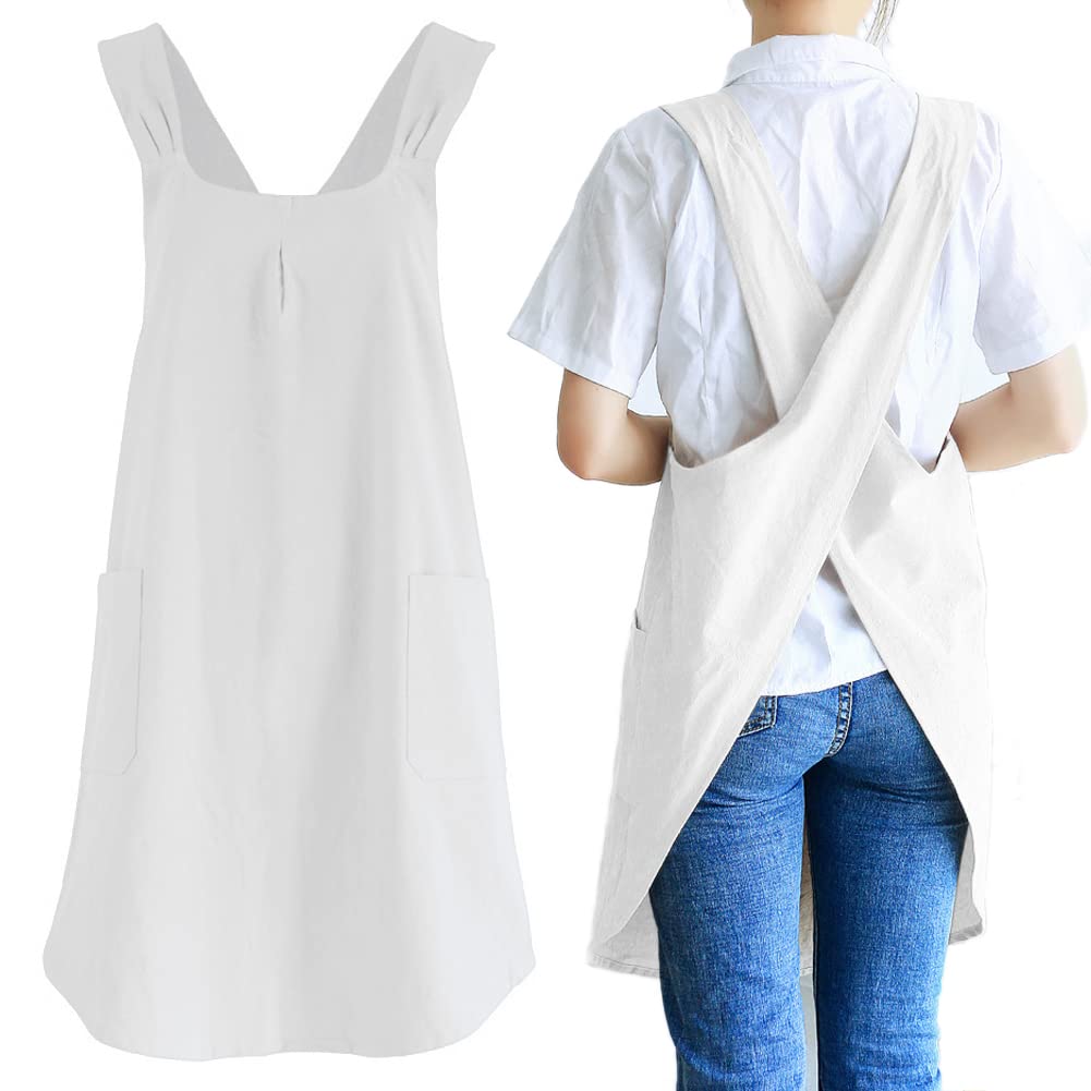 NEWGEM Japanese Cotton Linen Cross Back Cooking Apron for Women Men with Pockets Cute for Baking Kitchen
