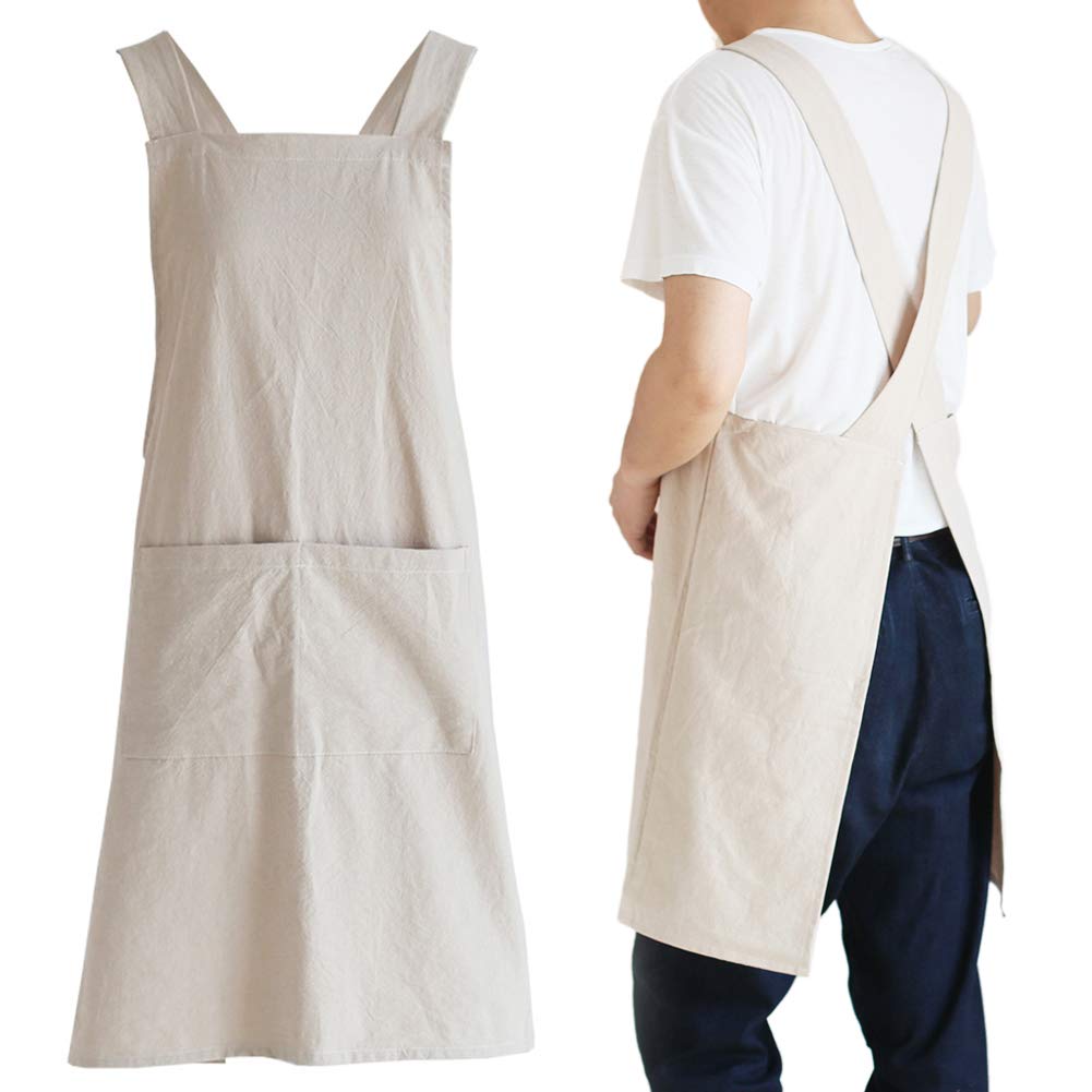 NEWGEM Japanese Cotton Linen Cross Back Cooking Apron for Women Men with Pockets Cute for Baking Kitchen