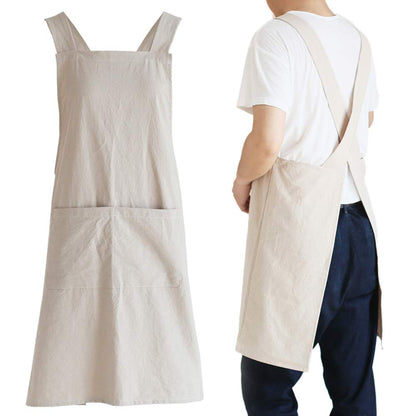 NEWGEM Japanese Cotton Linen Cross Back Cooking Apron for Women Men with Pockets Cute for Baking Kitchen