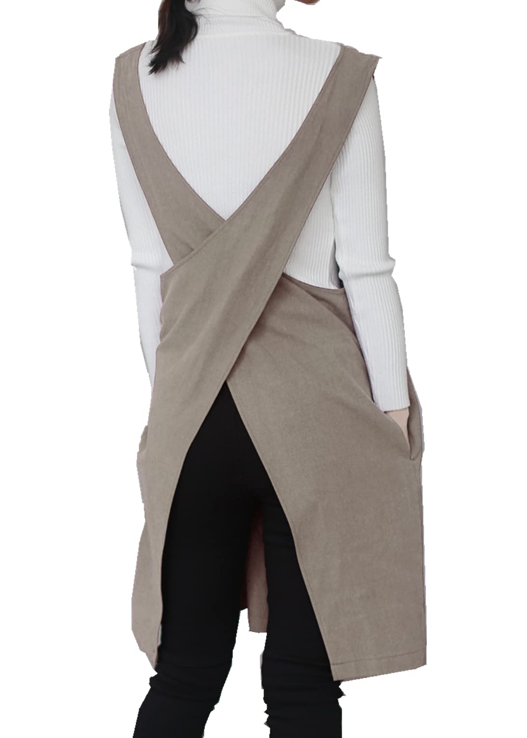 Cotton Linen Japanese Apron Halter Cross Back Bandage X Shape Aprons Two Pockets