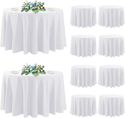 DAKKIONY 10 Pack Round Tablecloth White 120 Inch, Stain Resistant and Wrinkle Polyester Fabric, Washable Table Cover for Kitchen Dining, Wedding, Buffet Table, Holiday Party