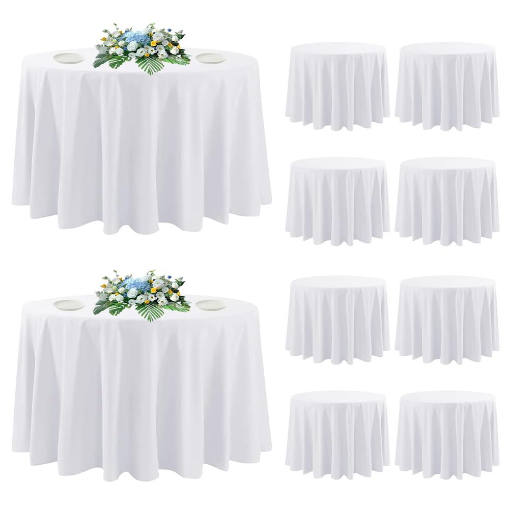 DAKKIONY 10 Pack Round Tablecloth White 120 Inch, Stain Resistant and Wrinkle Polyester Fabric, Washable Table Cover for Kitchen Dining, Wedding, Buffet Table, Holiday Party
