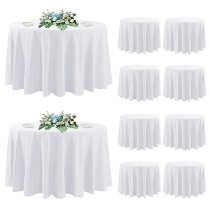 DAKKIONY 10 Pack Round Tablecloth White 120 Inch, Stain Resistant and Wrinkle Polyester Fabric, Washable Table Cover for Kitchen Dining, Wedding, Buffet Table, Holiday Party