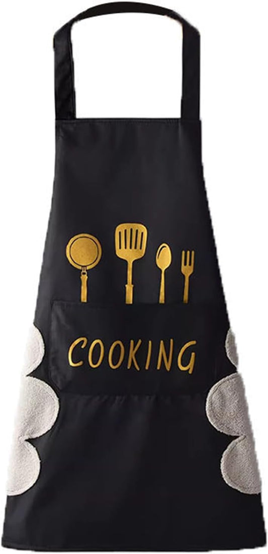 Kitchen Apron with Hand Wipe,Water-drop Resistant with 2 Pockets Cooking Bib Aprons for Women Men Chef