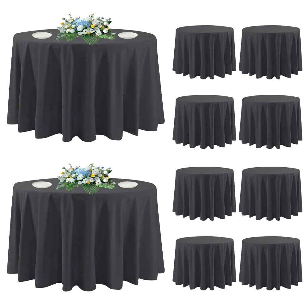 DAKKIONY 10 Pack Round Tablecloth White 120 Inch, Stain Resistant and Wrinkle Polyester Fabric, Washable Table Cover for Kitchen Dining, Wedding, Buffet Table, Holiday Party