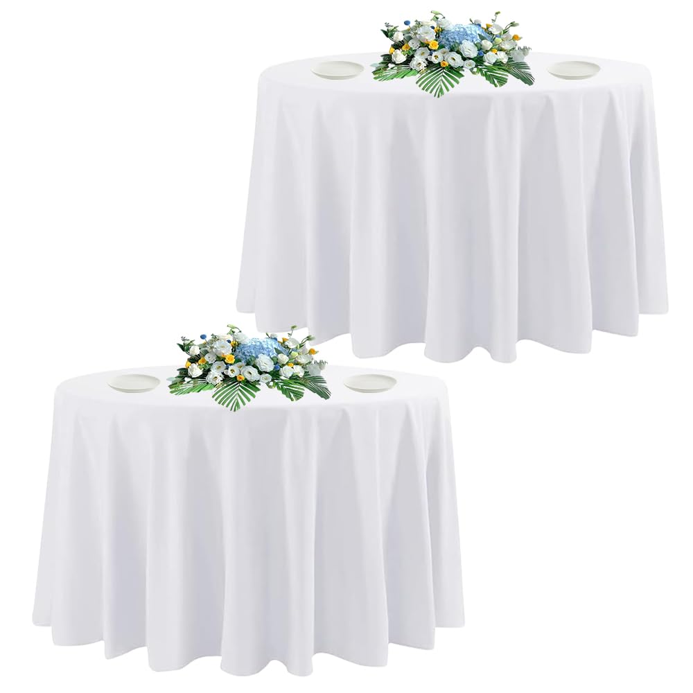 DAKKIONY 10 Pack Round Tablecloth White 120 Inch, Stain Resistant and Wrinkle Polyester Fabric, Washable Table Cover for Kitchen Dining, Wedding, Buffet Table, Holiday Party