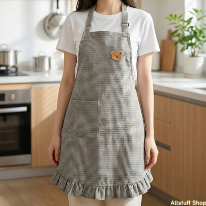 [Ruffled Checkered Halter Neck Apron] 1pc New Style Bear Pocket Sleeveless Waist Apron, Fashionable Workwear for Cafe Service Staff, Ideal for Kitchen Chores, Baking (Sports & Outdoor Use Compatible)