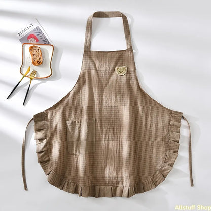 [Ruffled Checkered Halter Neck Apron] 1pc New Style Bear Pocket Sleeveless Waist Apron, Fashionable Workwear for Cafe Service Staff, Ideal for Kitchen Chores, Baking (Sports & Outdoor Use Compatible)