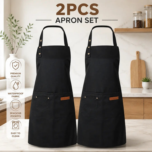 Minimalist Black Chef Apron Set, 2-Piece Polyester Kitchen Cooking Aprons with 3 Pockets, Comfortable Adjustable Spill-Proof Plain One-Size-Fits-Most for Daily Wear, Machine Washable Home Supplies Gift Idea